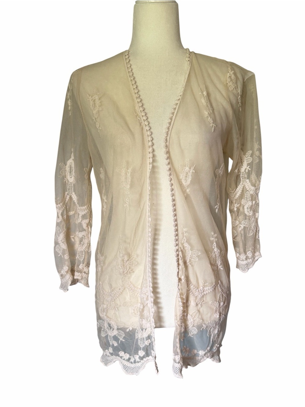 A’ Gaci Sheer Embroidered Lace Open-Front Cardigan - Cream